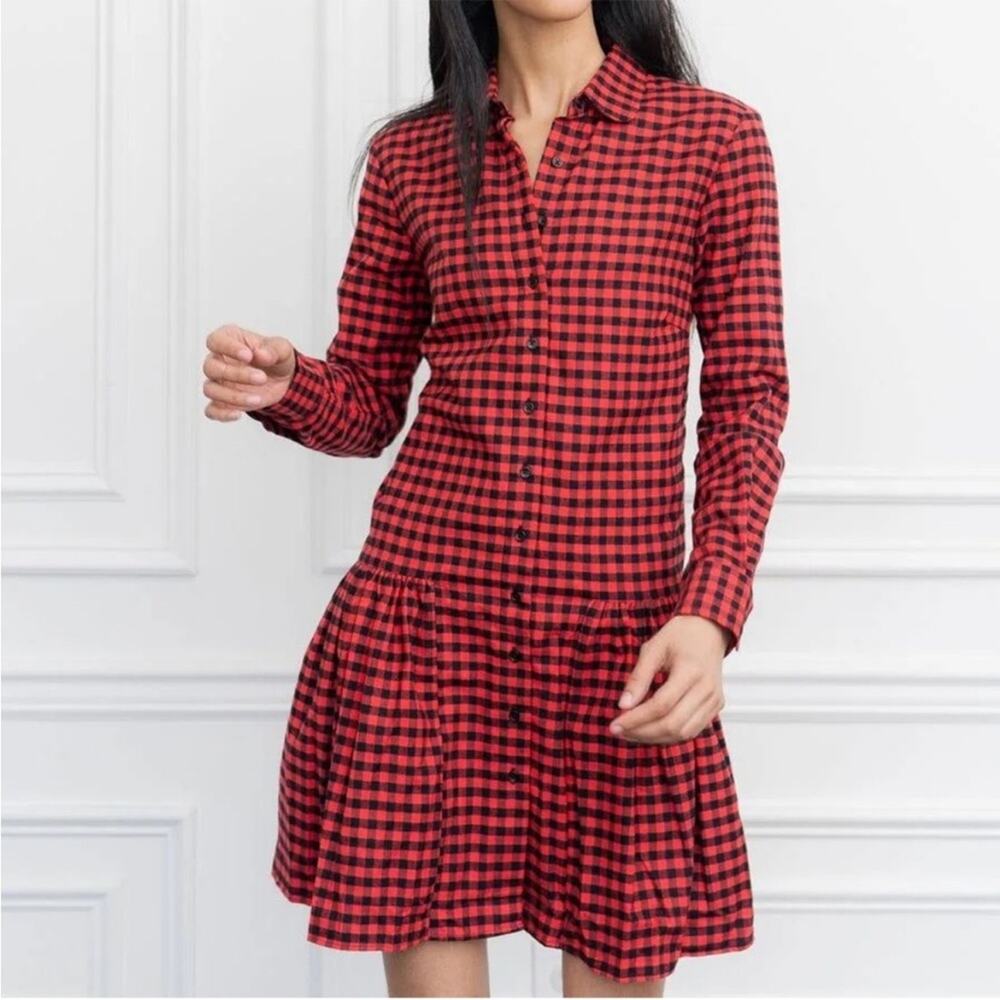 The Shirt Rochelle Behrens Flannel Drop Waist Shirt Dress Buffalo Check Plaid S